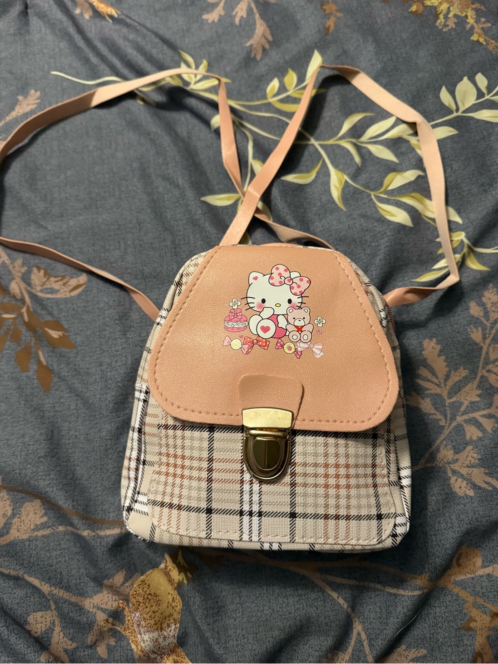 Pink Plaid Mini Backpack with Cute Character Print